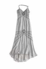 Vintage 100 Silk Beaded Halter Gown Art Deco Gatsby Grey Luxe Formal Y2K Dress