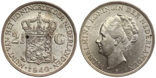 Netherlands 2 1/2 Gulden 1940 Wilhelmina Silver Key Date