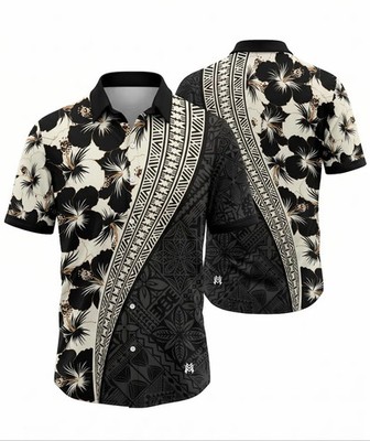 Black Hibiscus Hawaiian Shirt For Men, Polynesian Tribal Aloha Shirt