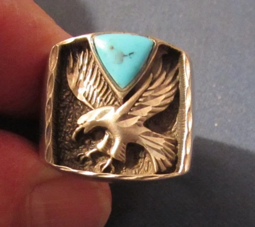 VINTAGE SOUTHWEST STERLING SILVER & TURQUOISE W/ EAGLE RING SIGNED O T T SIZE 10