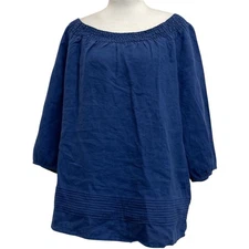 Boden 100% Linen Henrietta Blue Elastic Off the Shoulder Pintuck Blouse sz 8