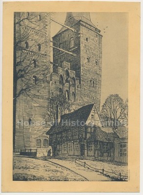 145281: Druck / Lithographie des Lübecker Doms, rückseitig mit Datum 29.7.1914