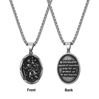 Men St Christopher Oval Charm Medal Medallion Pendant Protect Biker Necklace