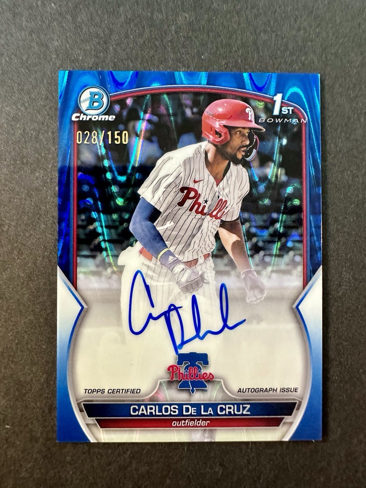2023 Bowman Carlos De La Cruz Chrome Blue Raywave /150 Auto Phillies #CPA-CDC