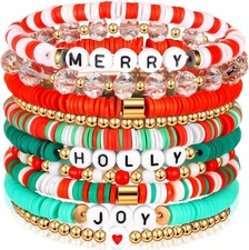 Leitee 10 Pcs Christmas Bracelets Gifts for Women Heishi Surfer Bracelets Polyme
