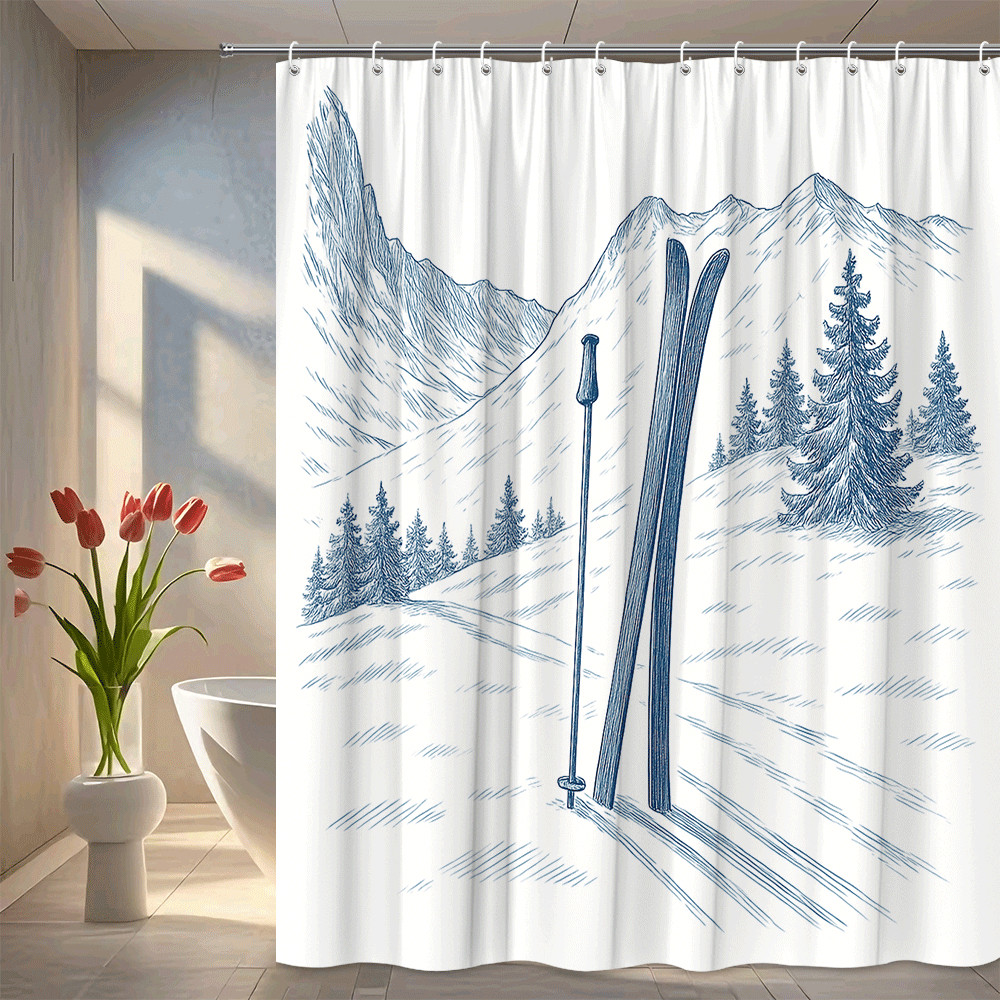 Cortina de ducha de esquí azul - decoración de montaña de invierno