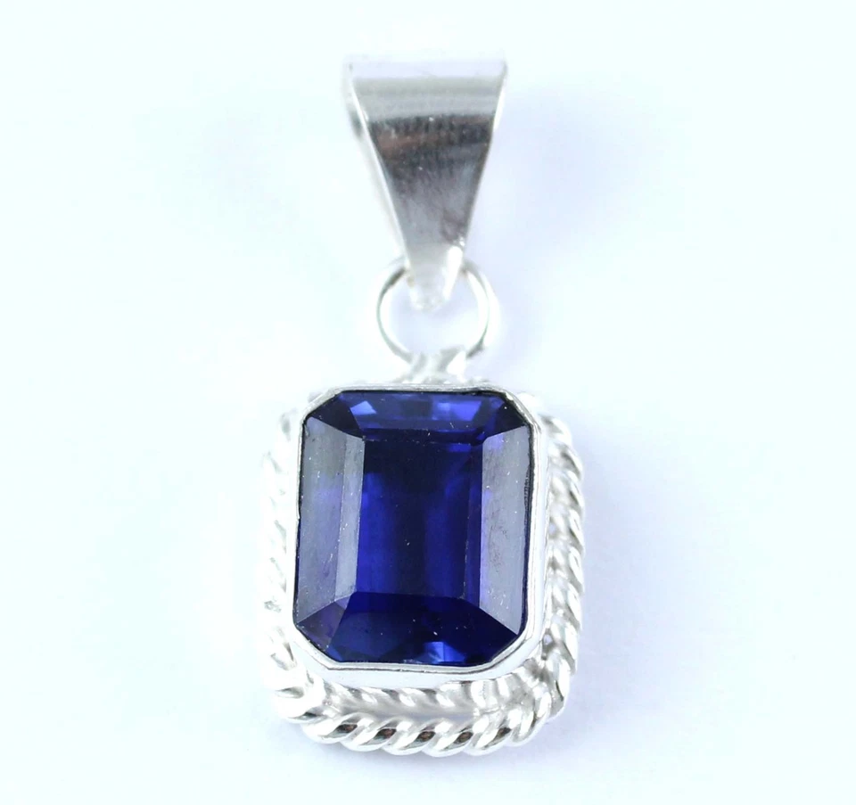 Blaues Saphir 12.80 Ct 10 mm Smaragdschliff Anhänger Herren Echt 925 Silber AGI - Bild 3 von 4