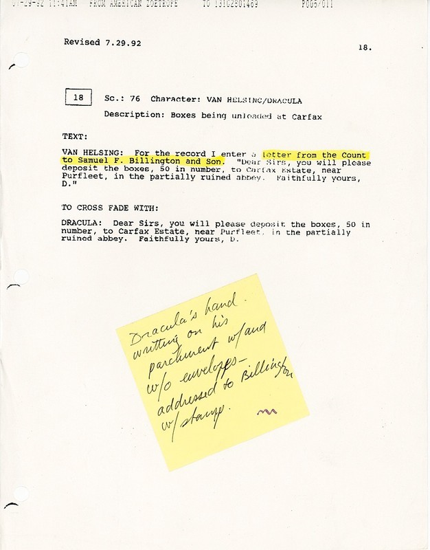 1992 -BRAM STOKER'S DRACULA- Original Horror Movie Props Production Sheet