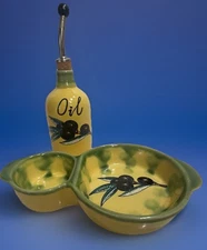 Olive & Pit Holder Ceramic Dish 5”W X 8.5”L With Olive Oil Bottle Set