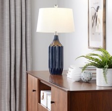 23" Ceramic Table Lamp Gloss Dark Blue with White Shade