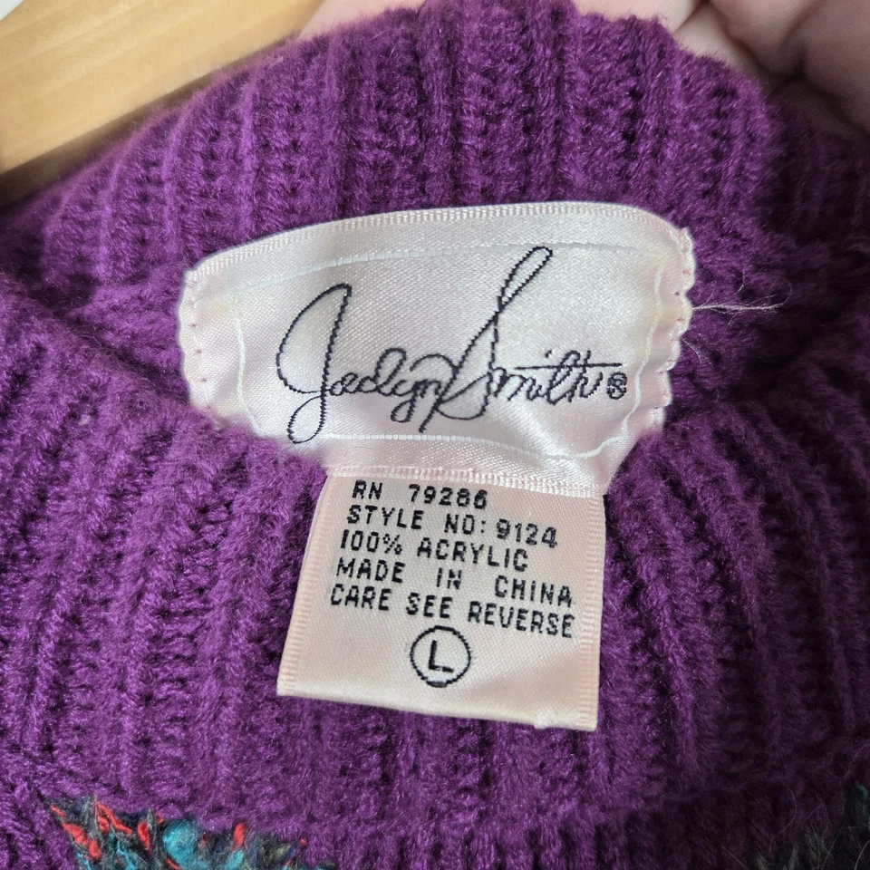 Suéter Grande Retro Funky Vintage Años 90 Jaclyn Smith Púrpura Tejido Floral Cuentas Foto 4 de 4