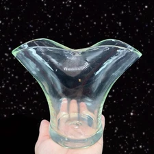1970s Clear Art Glass Vase Folded Top Vase Clear Hand Blown Glass Vintage 7”W 6”