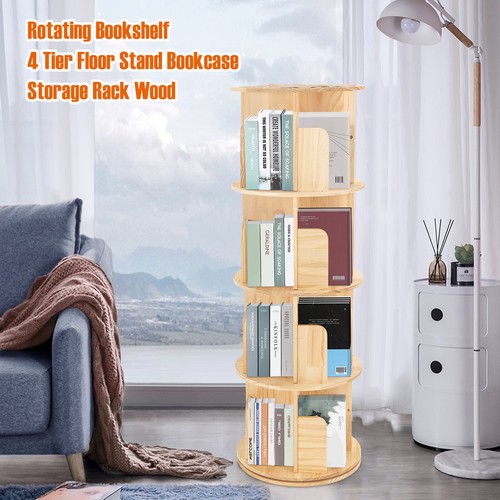 4 Tier Bookshelf Rotating Wood Storage Bookcase 360 Display Floor Stand Cylinder
