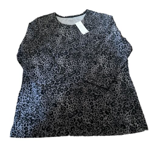 CHARTER CLUB Women's 1X Top Tee Shirt 3/4 Sleeve Pima Cotton Black Gray Animal