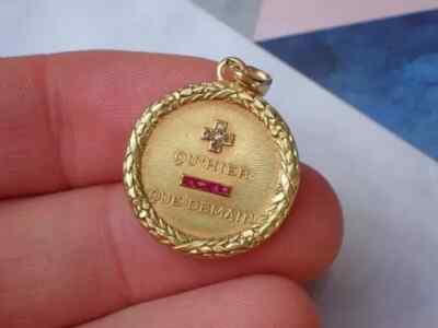 Lab Created Ruby ''QU'HIER QUE DEMAIN'' Charm Pendant 14k Yellow Gold Plated