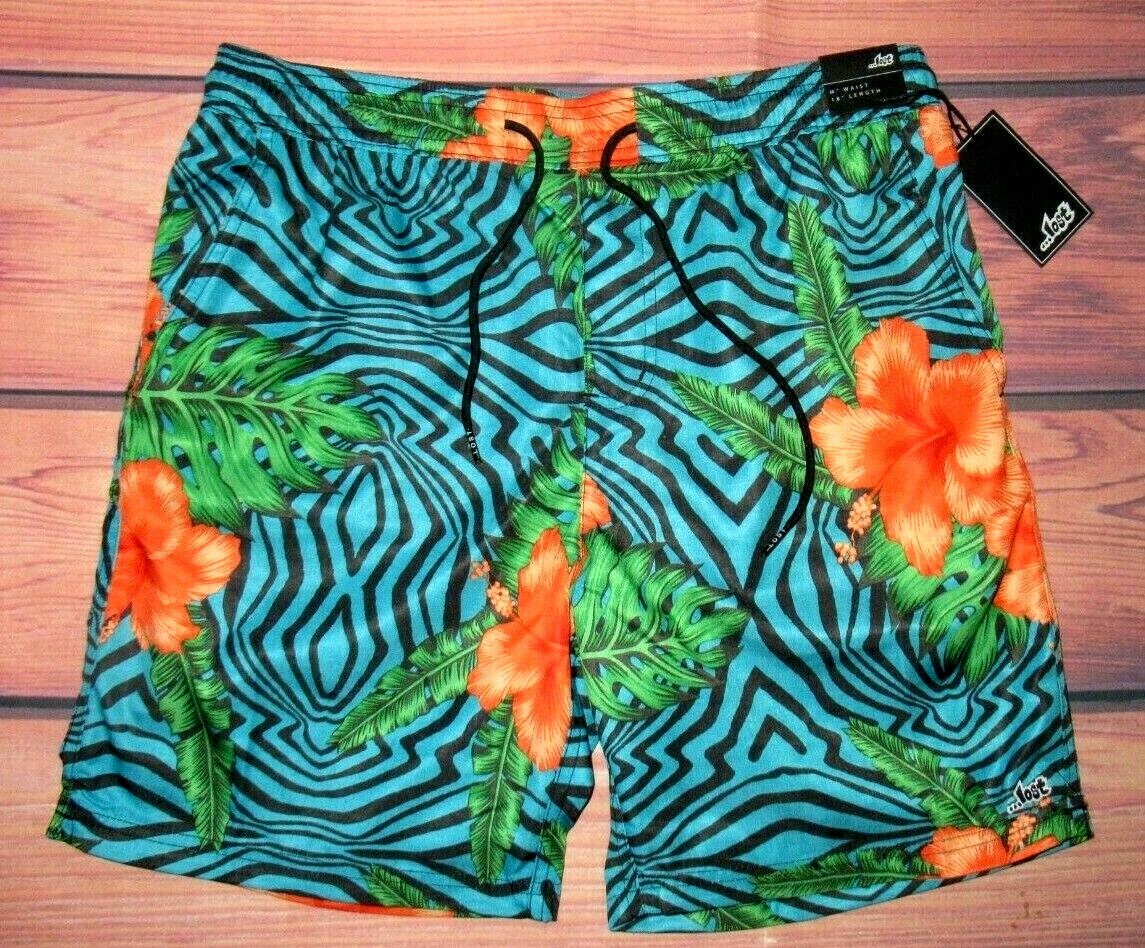 MENS LOST HAWAIIAN FLORAL DRAWSTRING SWIM BOARD SHORTS SIZE M | eBay