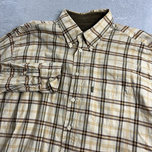 Barbour Traditional Twill Long Sleeve Button Down Shirt Beige Check Mens Size XL