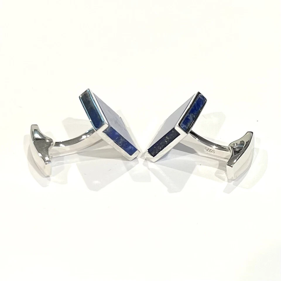 Gemelos cuadrados de plata de ley 925 con piedra de lapislázuli en caja regalo de plata para hombres Foto 3 de 4