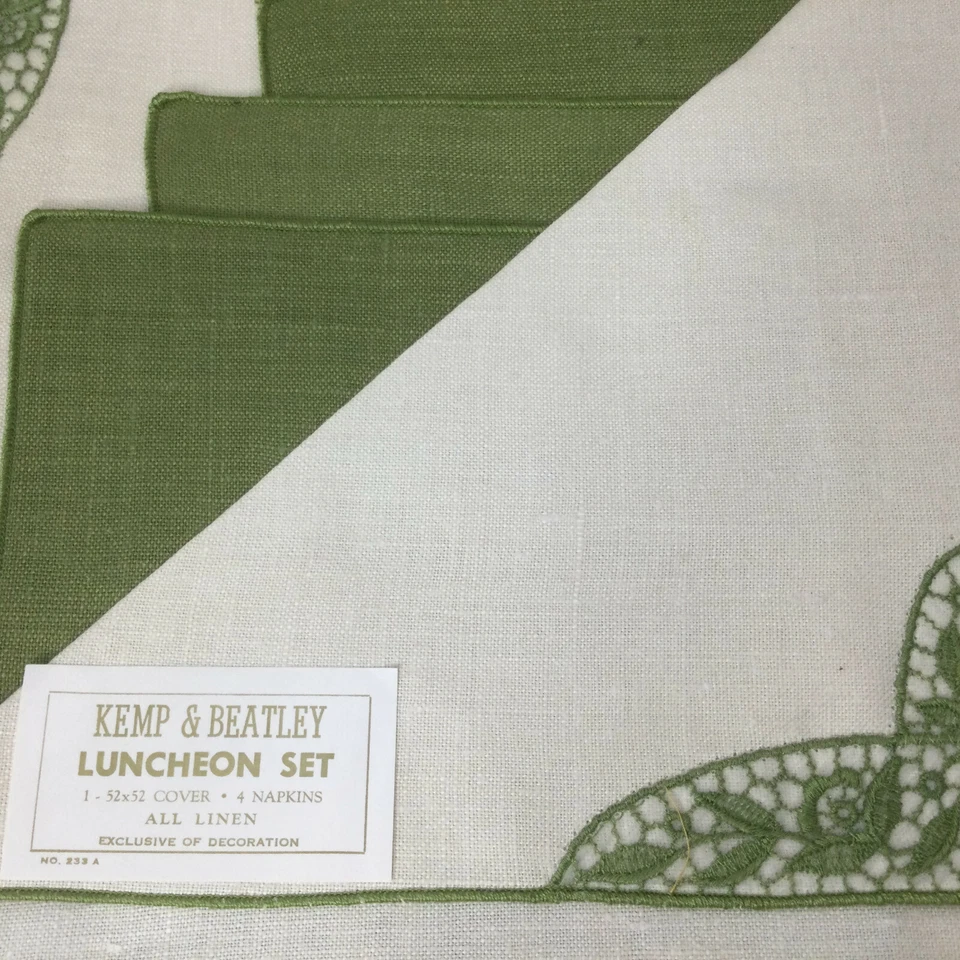 Kemp & Beatle Luncheon Tablecloth 52" x 52"  Napkins Linen Ivory Green Lace - Image 2 of 4