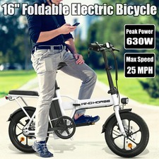 630W 25mph Adults EBike 16" Foldable Commuter Electric Bicycles w/ 2 Seat White