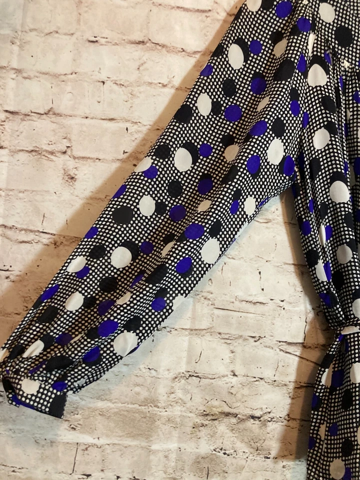 Top de seda vintage Milly of NY para mujer 4 lunares retro cobalto manga abullonada cinturón Foto 3 de 4