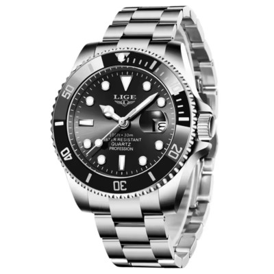 LIGE Herren Armbanduhr Edelstahl Armband Datum  Quarzuhren, Ziffernblatt Schwarz