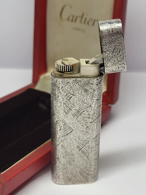 Vintage CARTIER Oval Silver Brushed Gas Lighter In Original Push 
