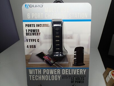 Aduro Multi Use 6 Port Charging Station 1 Power Delivery 1 Type C and 4 USB New!