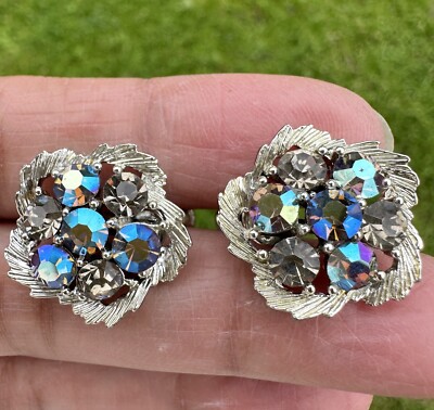 VTG Lisner Bloom Flower Earrings 0.75 Inch Blue Aurora Borealis Crystals Signed