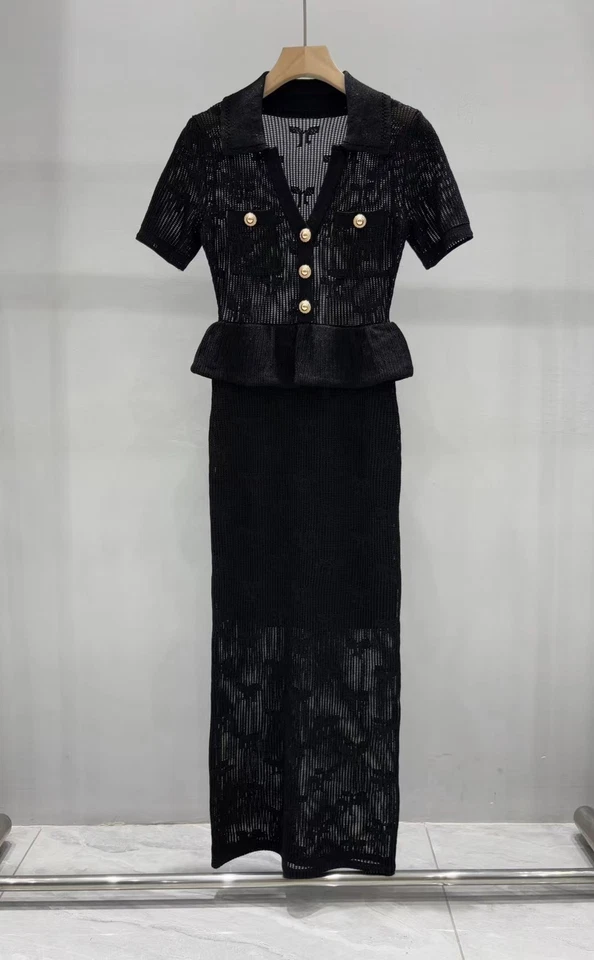 Vestido midi de mujer autorretrato con cuello en V tejido manga corta línea A Foto 3 de 4