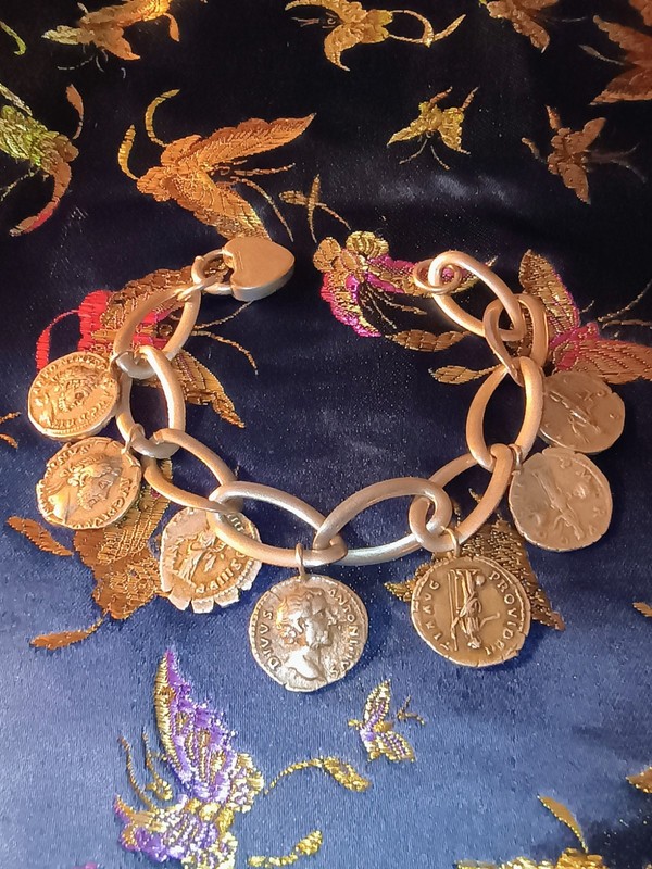 Ancient Roman Danari Silver Coins of Emperors. Ventage Sterling Bracelet.