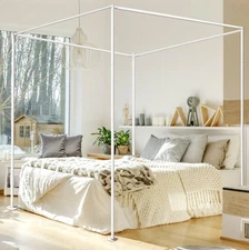 White Metal Poles Canopy Bed Frame with Four Plastic Removable Fixing Foot Pl...