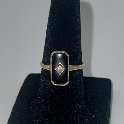 10 Karat Gelbgold Ring Onyx rechteckig Diamant Akzent runder weißer Stein Größe 5
