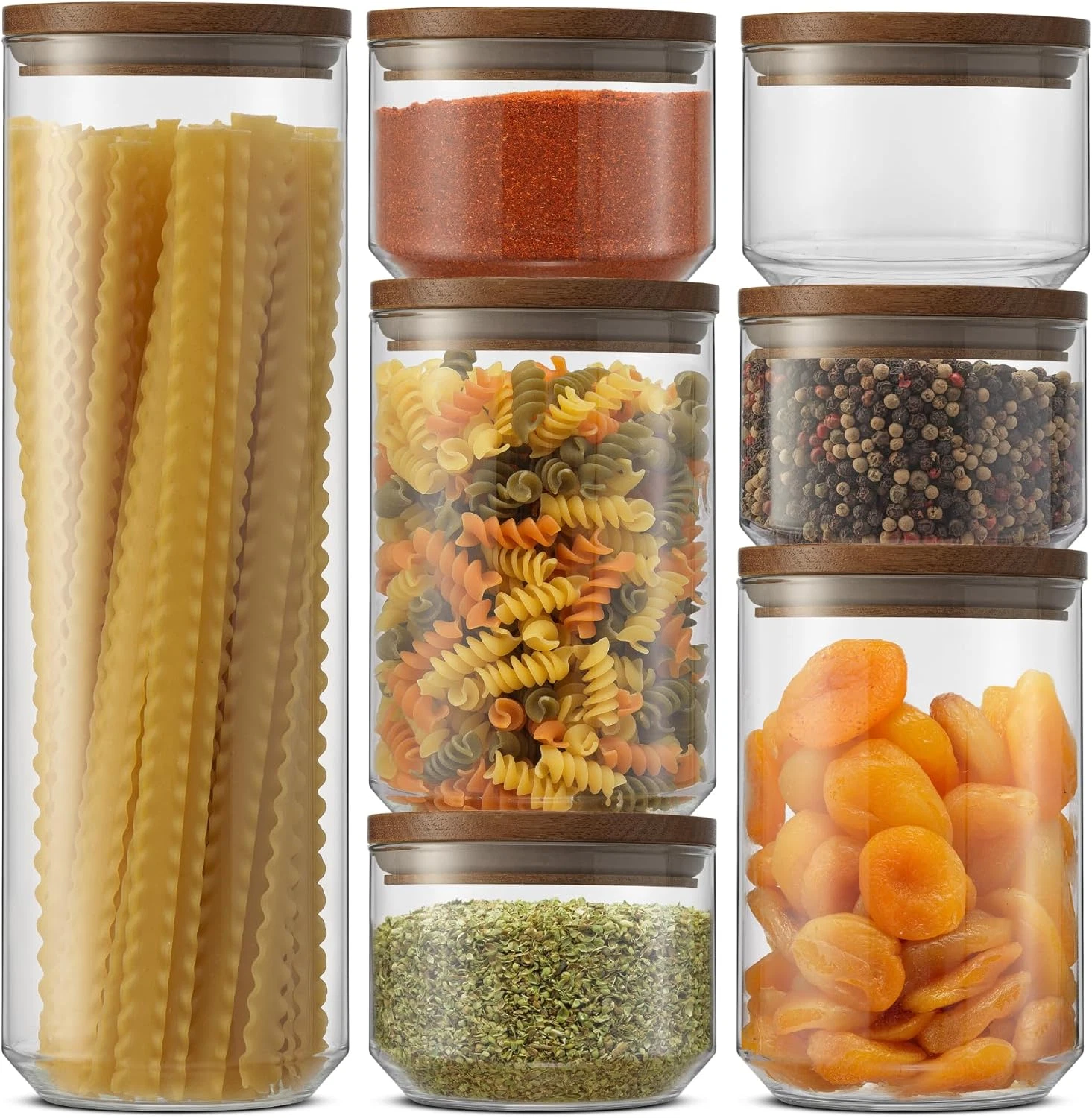 Stackable Glass Food Storage Containers with Acacia Wood Lids - 7-Piece Set