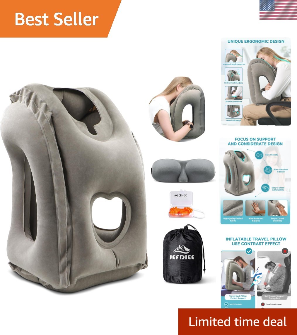 Travel Pillow Inflatable Neck Support Cushion for Airplanes Trains Cars Grey-image