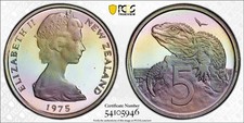 PR68DCAM 1975 New Zealand 5 Cent Proof, PCGS Trueview Rainbow Toned SOLO TOP POP