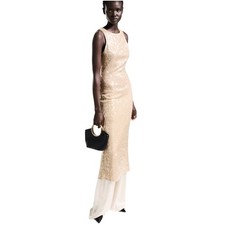 Mango Scoop Back Sequin Midi Dress Gold Size 8