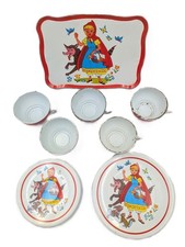 LITTLE RED RIDING HOOD 14 Pieces Tin Litho Child's Dishes Set 1960's Ohio Art