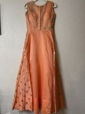 Peach Orange Indian Anarkali Dress Gown Womens S Gold Embroidered Formal Wedding