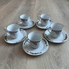 Lot 10 Pc Poinsettia Ribbons Christmas Set Holiday 5 Tea Cups Saucers Fine China