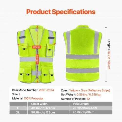 Safety Vest 10 Pockets Yellow Safety Vest High Visibility Zipper Front image 6