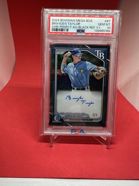 🔥2024 Brayden Taylor Bowman Mega Box Black Refractor Auto # 1/1 PSA Gem Mint 10