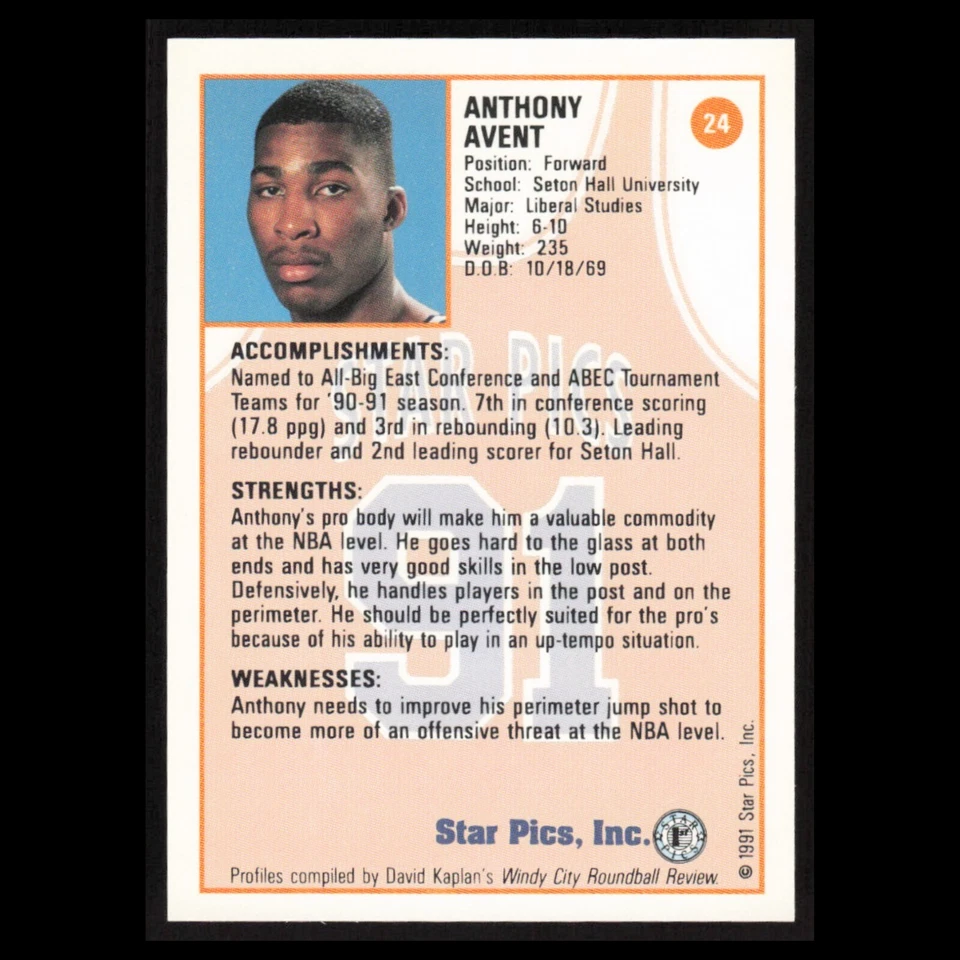 Anthony Avent #24 1991 Star Pics Seton Hall Pirates Basketball Card NBA NM - Image 2 of 3