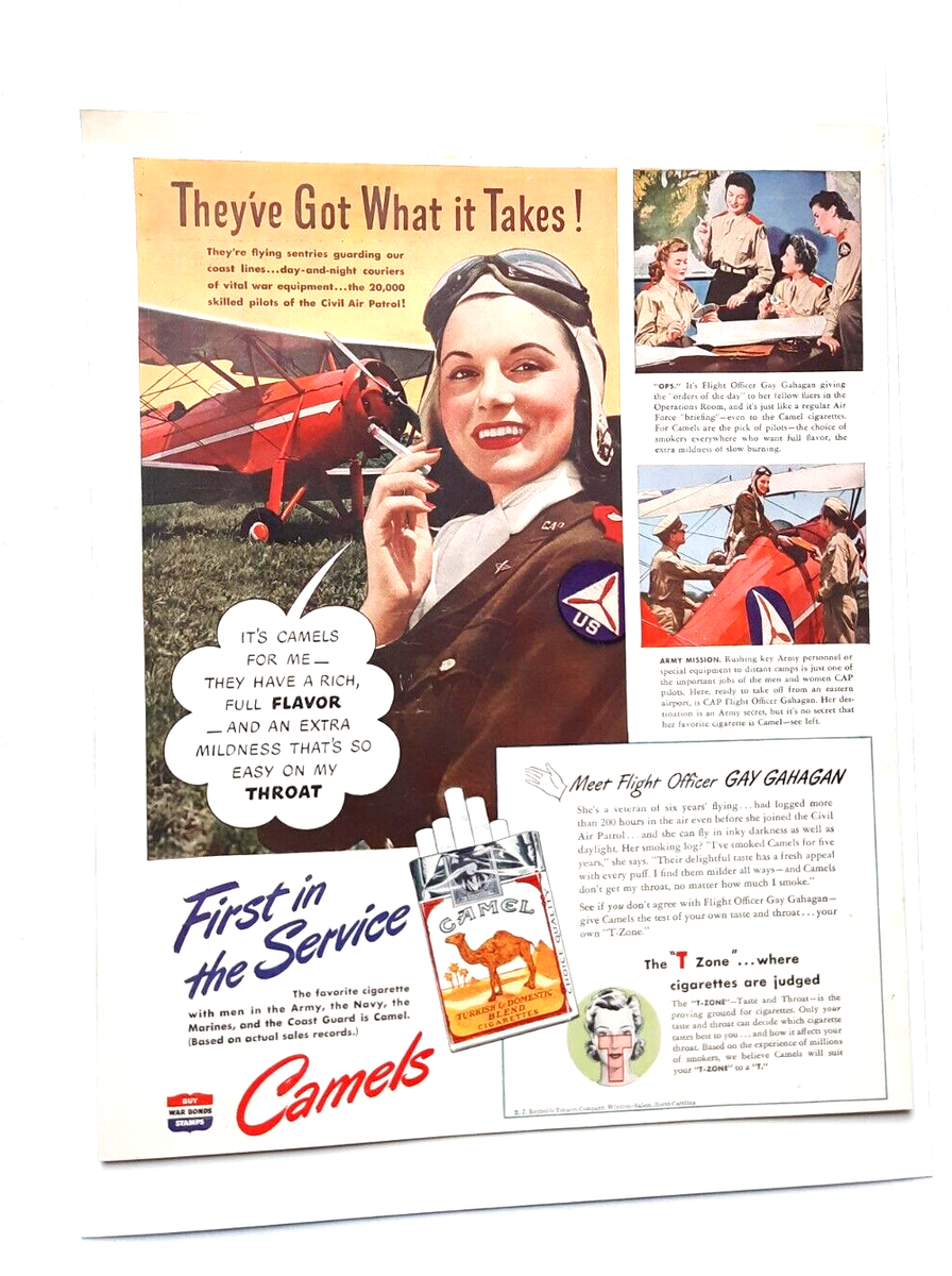 1943 Original Print Ad Camels Turkish Blend Cigarettes Woman Pilot Plane  WWII