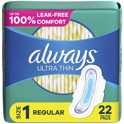 Always Ultra Thin Daytime Pads with Wings, Size 1, Unscented, 22 Count (Pack ... - 第 1/9 張圖片