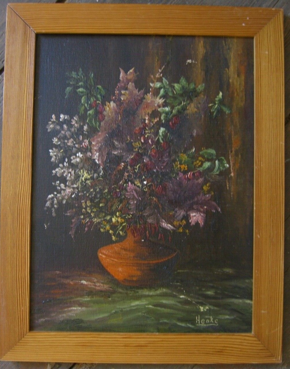 ::PINTURA AL ÓLEO OTOÑO FLORES FLORES °FIRMADO GALLO AVESTRUZ JARRÓN MARCO INTERIOR