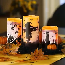 Halloween LED Candles Set of 3 - Flickering Flameless Pillar Candles with Timer