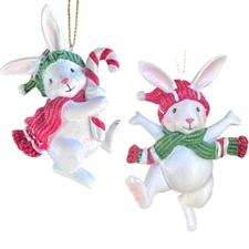 Kurt Adler Snow White Rabbit Christmas Ornament Set 2 Resin Hat Scarf 3 Inch