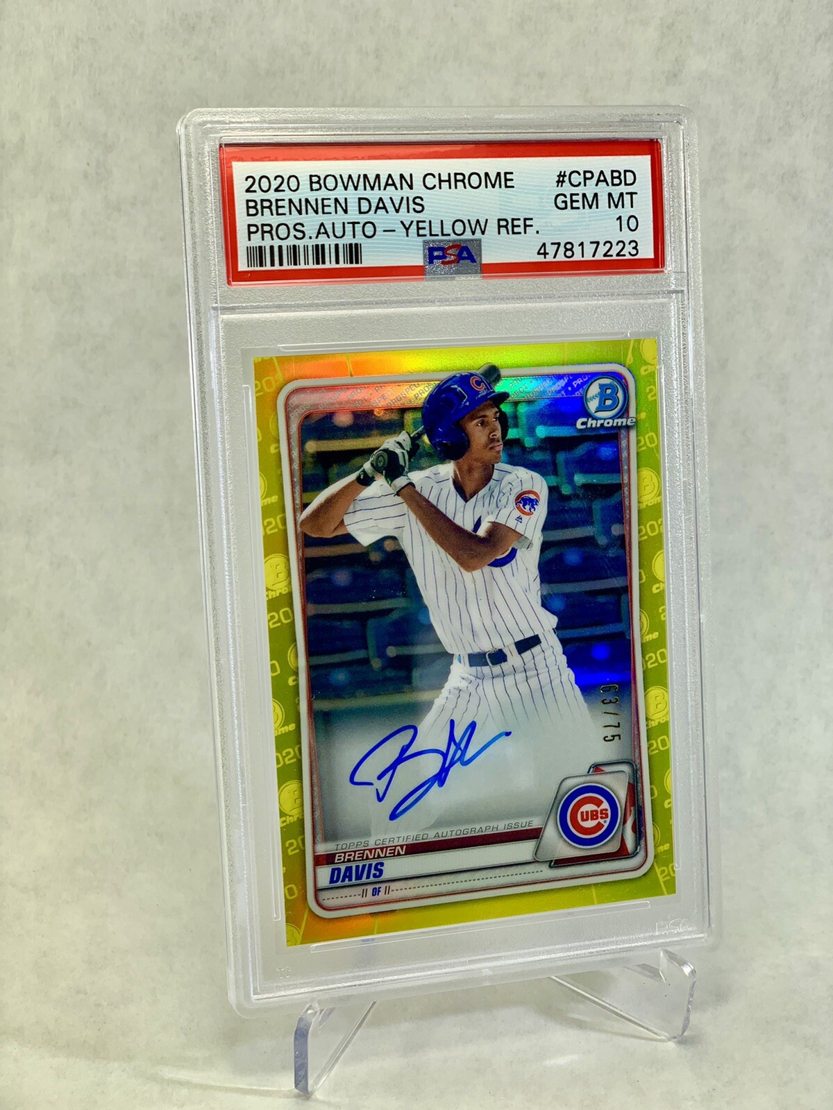 BRENNEN DAVIS 2020 1st Bowman Chrome Yellow Refr Auto /75 PSA 10 RC