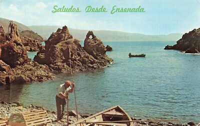 Postcard Mexico Fisherman Boat Saludos Desde Ensenada Punta Banda